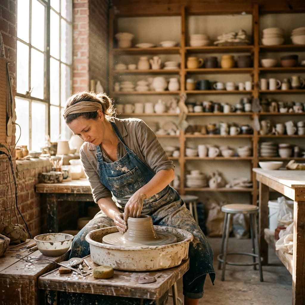 Artist spinning clay on potter wheel